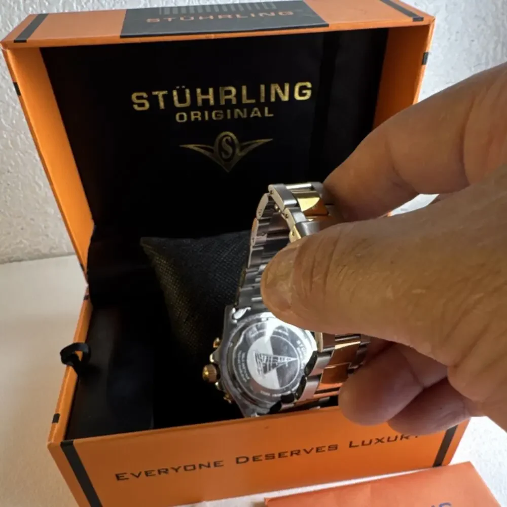 (8014)Stührling Original Men's Quartz Sport Watch SS Bracelet Blue Bezel Box